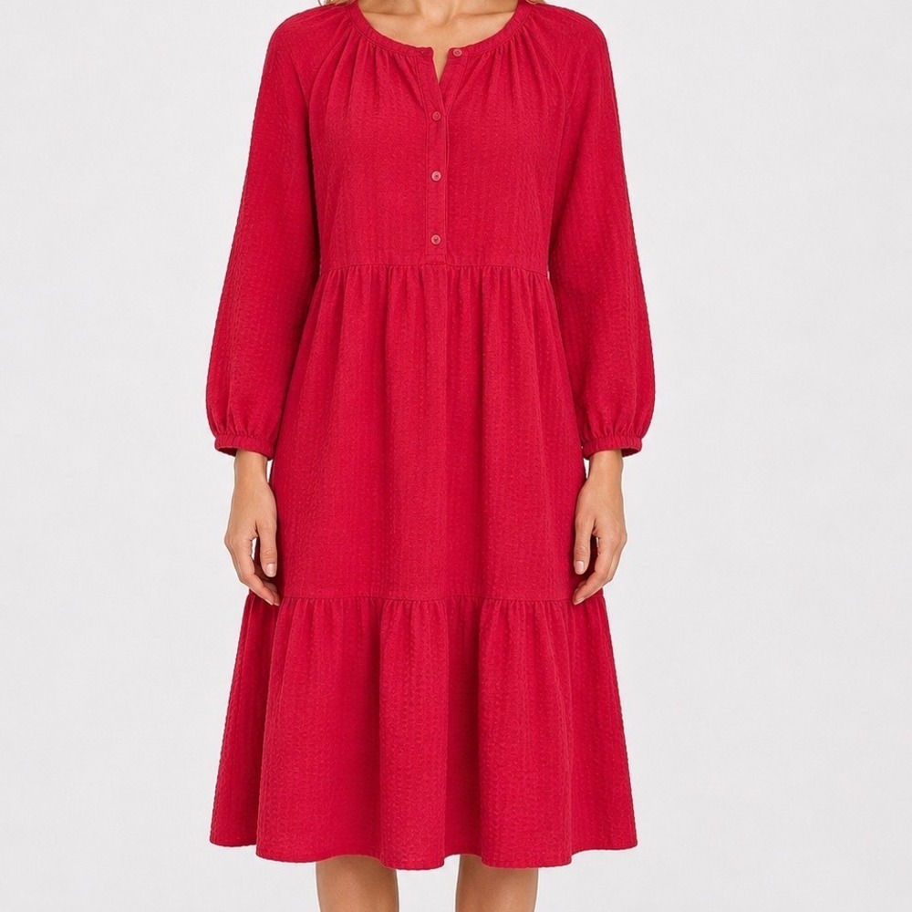 Red Old Navy Dress Milkmaid Tiered High Waist Textured Bohemian‎ Midi SZ Small
